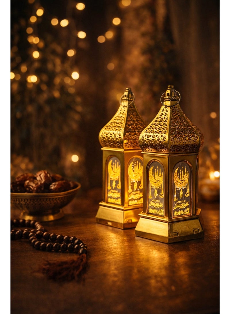 طقم 2 فانوس رمضان ذهبي بإضاءة LED دافئة، بطاريات مرفقة، المقاس 8×8×15 سم - Image 4